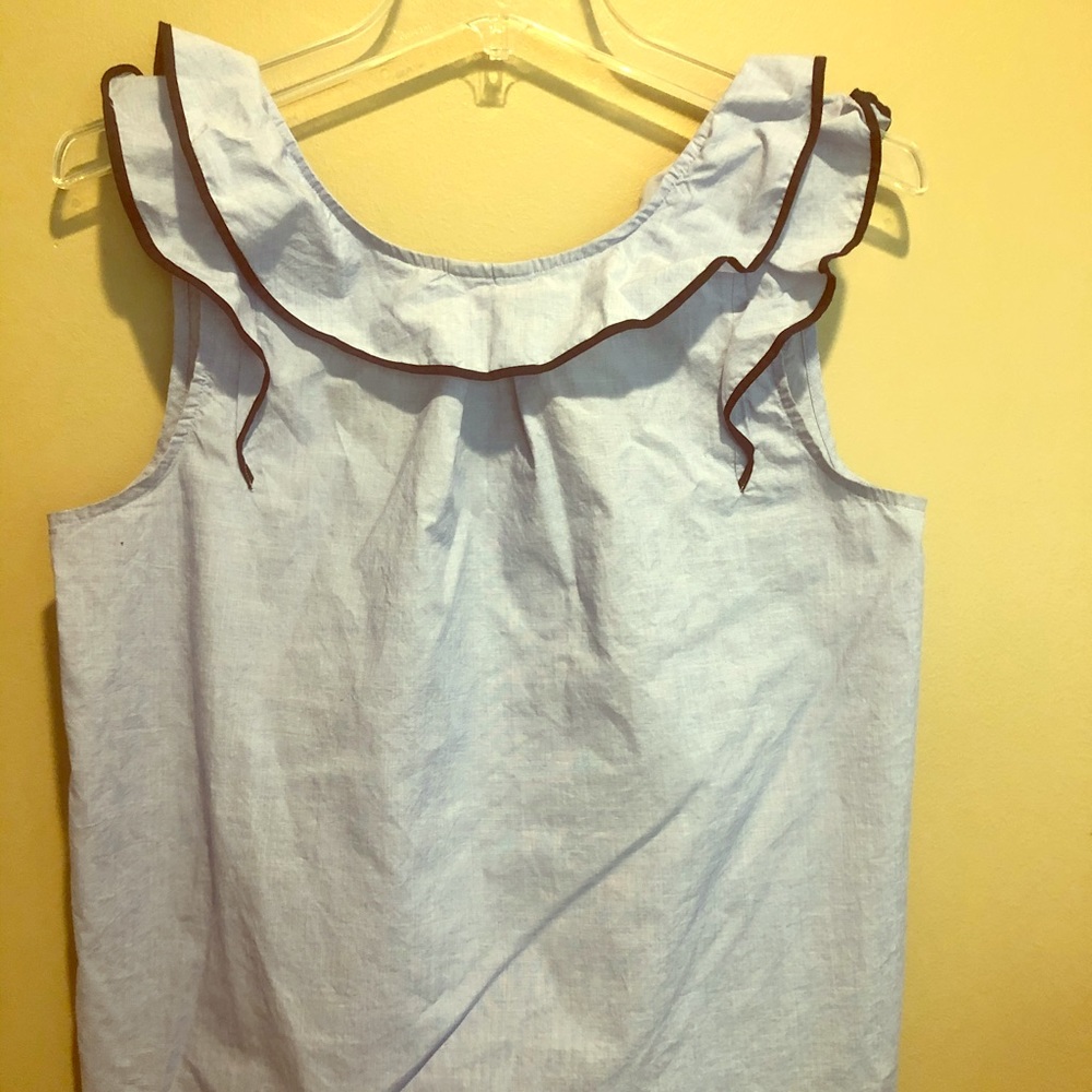 JCrew ruffle tank with blue lining